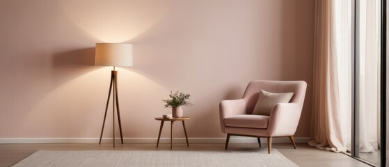Stylish modern interior featuring a pink armchair, a wooden lamp, and a minimalist decor setting, exuding comfort and elegance.