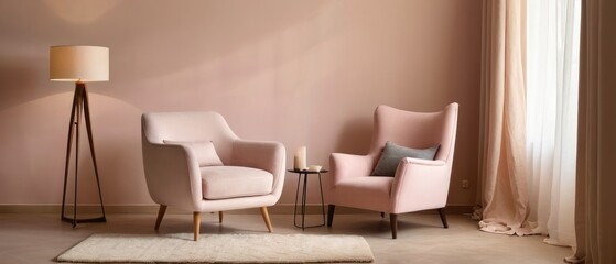 Stylish modern interior featuring a pink armchair, a wooden lamp, and a minimalist decor setting, exuding comfort and elegance.