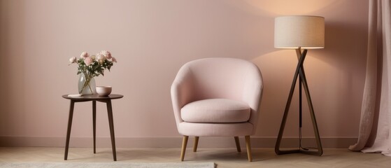 Stylish modern interior featuring a pink armchair, a wooden lamp, and a minimalist decor setting, exuding comfort and elegance.