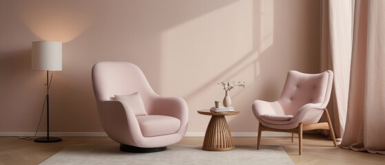 Stylish modern interior featuring a pink armchair, a wooden lamp, and a minimalist decor setting, exuding comfort and elegance.