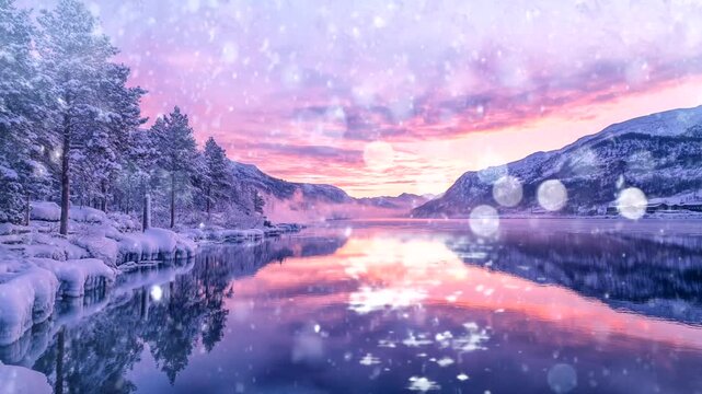 Winter landscape with calm water lake, pine trees, sunrise, falling snow, cabin Seamless looping 4k time-lapse animation video background