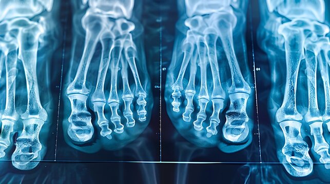 Composite X-ray image of feet from multiple angles, highlighting bunions and flat feet diagnosis, high clarity, blue-tinted monochrome, clinical setting, labeled bone structures, minimal background.