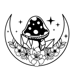 Crystal Moon Mushroom | Crystal Mushroom | Magic Crystal Moon | Floral Moon | Crescent Mushroom | Crystal | Mushroom | Moon Flower | Original Illustration | Vector and Clipart | Cutfile and Stencil