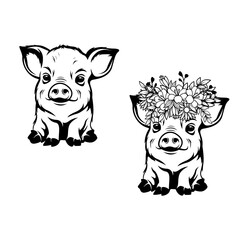 Cute Floral Pig | 2 Cute Little Pigs | Domestic Pigs | Flower Pig | Farm Animal | Piglet | Floral Swine | Piggery | Original Illustration | Vector and Clipart | Cutfile and Stencil