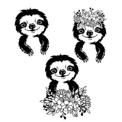 Cute Baby Sloth | Floral Baby Sloth | Flowering sloth | Wildlife | 3 Cub Sloth | Xenarthran Mammals | Wild Animal | 3 Baby Sloth Head | Original Illustration | Vector and Clipart | Cutfile and Stencil