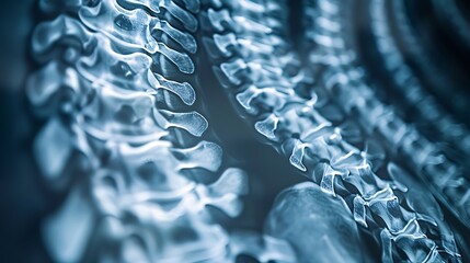 Obraz premium Composite X-ray image showing multiple angles of the spine for detailed scoliosis diagnosis, high clarity and precision, blue-tinted monochrome, clinical setting, labeled vertebrae,