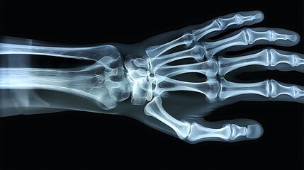 Naklejka premium Detailed X-ray of a child's hand showing growth plates, clear bone development indicators, high-definition medical imaging, crisp bone visualization, blue-gray scale, minimal background distractions,