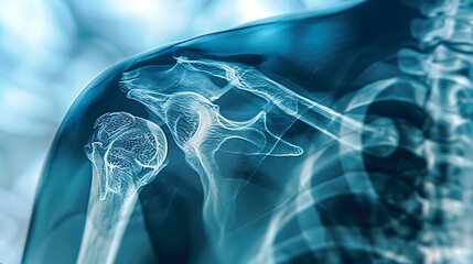 Detailed X-ray of a dislocated shoulder, showing the clear dislocation of the joint, high-definition medical imaging, crisp bone visualization, blue-gray scale, minimal background distractions,