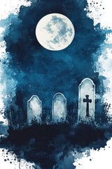 Obraz premium Watercolor gravestones and a full moon on one side, with copy space on the other side, vintage midnight blue watercolor splash background.