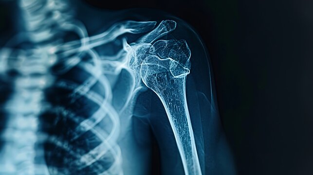 Detailed X-ray of a dislocated shoulder, showing the clear dislocation of the joint, high-definition medical imaging, crisp bone visualization, blue-gray scale, minimal background distractions,