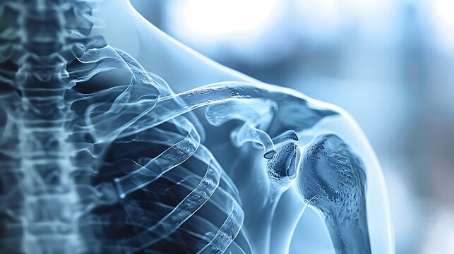 Detailed X-ray of a dislocated shoulder, showing the clear dislocation of the joint, high-definition medical imaging, crisp bone visualization, blue-gray scale, minimal background distractions,