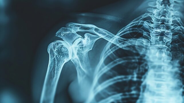 Detailed X-ray of a dislocated shoulder, showing the clear dislocation of the joint, high-definition medical imaging, crisp bone visualization, blue-gray scale, minimal background distractions,