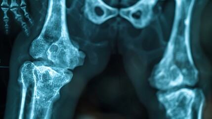 Detailed X-ray of the femur showing osteoporosis signs, with clear bone density reduction, high-definition medical imaging, crisp bone visualization, blue-gray scale, minimal background distractions,