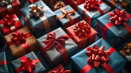 A background featuring a collection of beautifully wrapped gift boxes in various sizes and colors, adorned with ribbons and bows, creating a festive and celebratory atmosphere perfect for holiday or