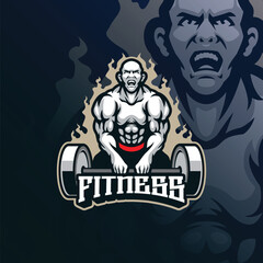 Fitness mascot logo design vector with modern illustration concept style for badge, emblem and t shirt printing. Fitness weightlifting illustration.