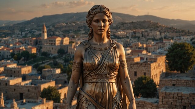 A statue of Helen from Greek mythology, with the city of Troy and burning walls in the background.