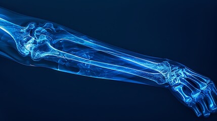 High-resolution X-ray of an arm fracture in a bent position, showing the break clearly, blue monochromatic filter, minimalistic medical background, radiological context. --ar 16:9 --v 6.