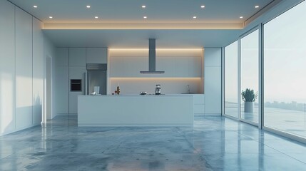 minimalist kitchen with neutral colors and modern appliances.