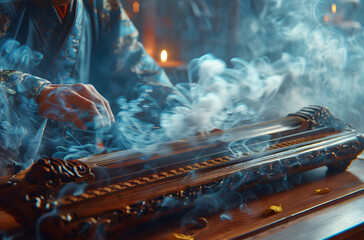 Close-up of hands playing guzheng in smoke