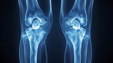 High-resolution X-ray of knees in a bent position, showing joint degeneration and cartilage erosion, clear visualization, blue monochromatic filter, minimalistic medical background,