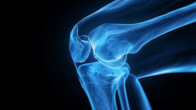 High-resolution X-ray of the knee in a lateral position, showing ligament tears and bone alignment clearly, blue monochromatic filter, minimalistic medical background, radiological context.