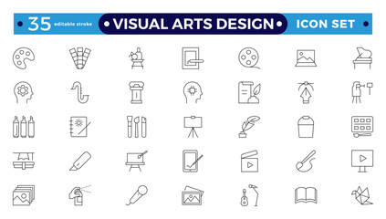 Art icon set. It contains literature, architecture, sculpture, art, exhibition, painting, music, design, and museum icons—editable stroke outline icons.