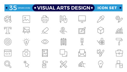 Art icon set. It contains literature, architecture, sculpture, art, exhibition, painting, music, design, and museum icons—editable stroke outline icons.