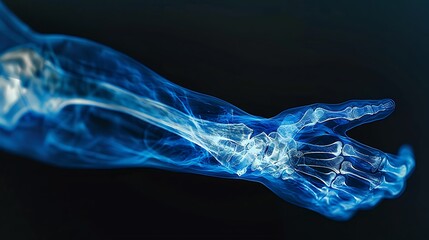 Pediatric arm X-ray showing clear potential bone tumors, detailed bone and tumor structure, blue monochrome, high-resolution, clinical environment, clean presentation. --ar 16:9 --v 6.