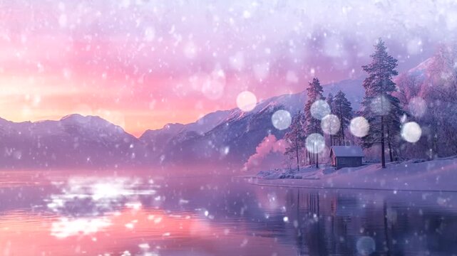 Winter landscape with calm water lake, pine trees, sunrise, falling snow, cabin Seamless looping 4k time-lapse animation video background