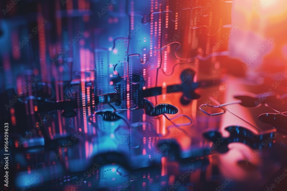 Poster abstract concept of digital transformation with puzzle pieces fitting together, symbolizing integrat