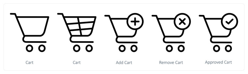 A set of 5 shopping icons as cart, add cart, remove cart