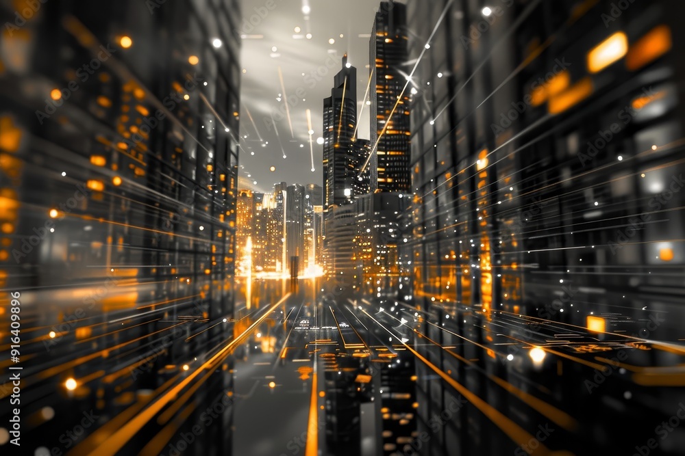 Poster abstract digital cityscape symbolizing technological evolution and innovation in digital transformat
