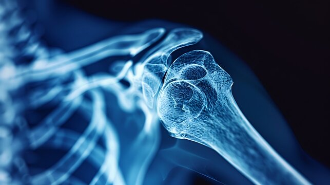 Side-view X-ray of a dislocated shoulder in a flexed position, highlighting the bone misalignment, high clarity, blue-tinted monochrome, minimal background, medical context. --ar 16:9 --v 6.