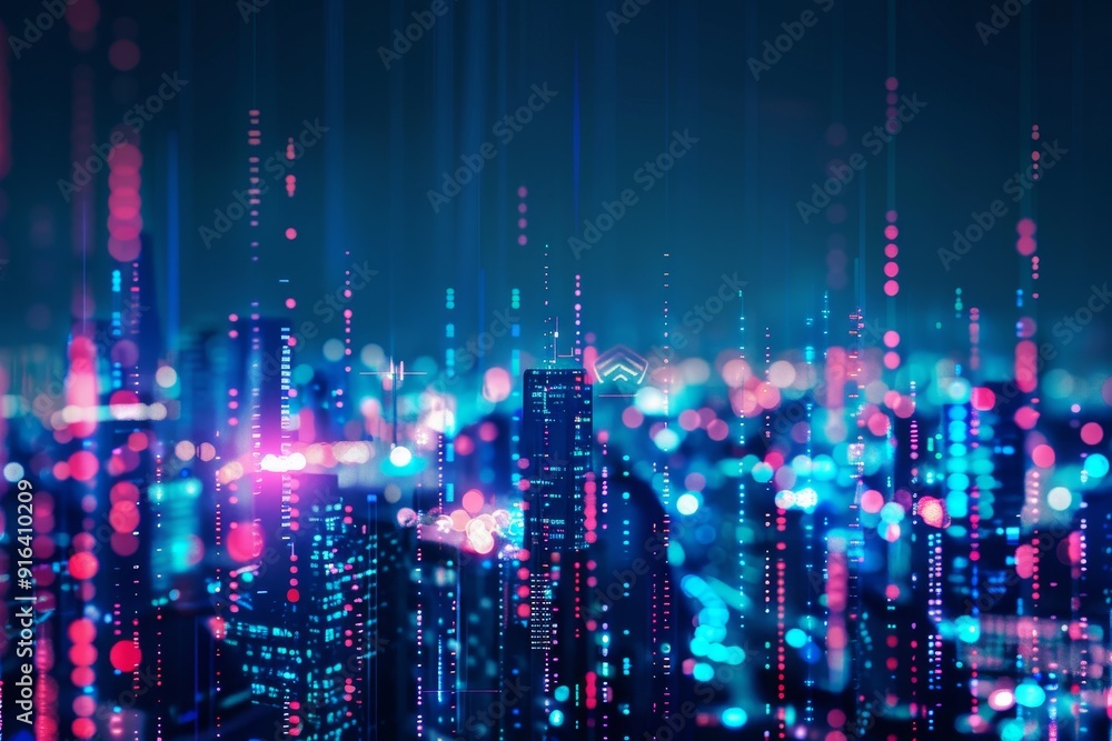 Poster abstract digital city skyline with data streams, illustrating interconnectedness and advancement in 