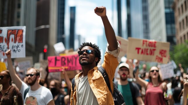 A powerful protest scene advocating for labor rights, people holding signs and chanting, united in their demand for justice and fair treatment, a display of solidarity and strength