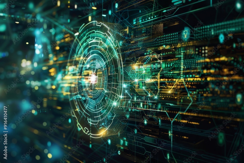 Poster abstract visualization of old technology morphing into modern digital solutions, symbolizing digital