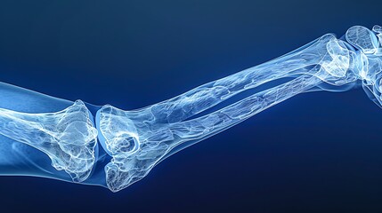 Side-view X-ray of an elbow, highlighting the suspected fracture, sharp and detailed image, blue monochromatic filter, medical context, clean presentation, radiological setting. --ar 16:9 --v 6.