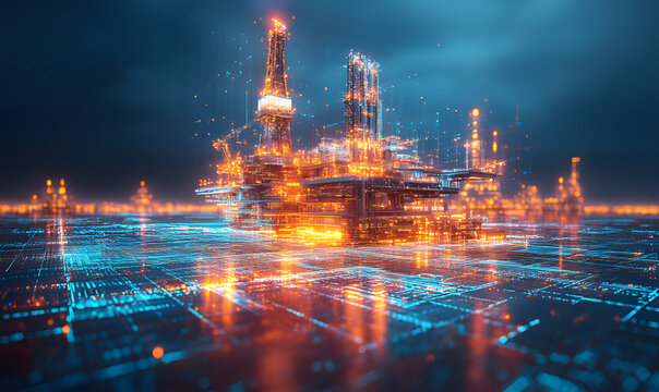 Holographic of digital Oil Drilling Platform display golden yellow lights background. Modern energy use technology. Textures abstract, night view. Drilling technology to find energy in heart of sea.
