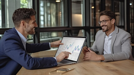 Two men in business attire, one sitting at the table and pointing to a laptop screen with financial graphs on it while smiling happily during a meeting.