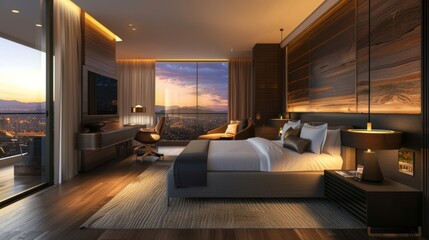 beautiful hotel room with a view of the big city
