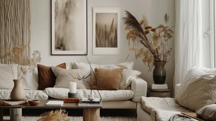 Stylish living room decor with framed poster, coffee table, dried flowers, and elegant accessories.