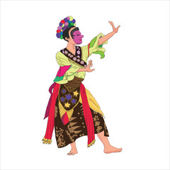 Woman dancing the Cisalak mask dance wearing a wooden mask