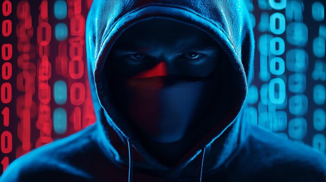 Mysterious figure in hoodie surrounded by digital binary code, epitomizing anonymity and cybersecurity in a high-tech world.