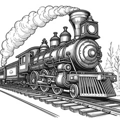 Vintage steam locomotive chugging along coloring page vector