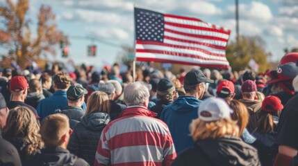 Obraz premium Crowd of patriots marching on the street holding the American flag