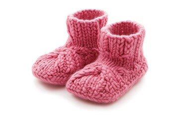 Small knitted pink socks made of wool and cotton for newborns on a white background.