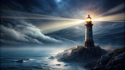 Lighthouse shining bright in a dark, misty environment, beacon, guidance, navigation, light, safety, tower, ocean, sea, dusk
