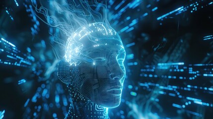 Holographic wireframe of Al's head with glowing energy waves emanating from the brain, arranged in a circuit board pattern