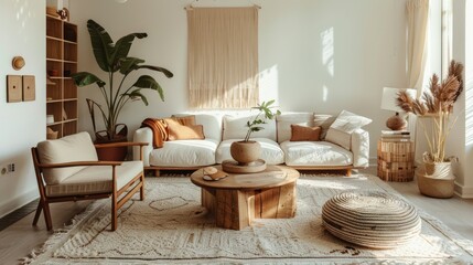 Modern Scandinavian home interior design with an elegant bohemian living room aesthetic.