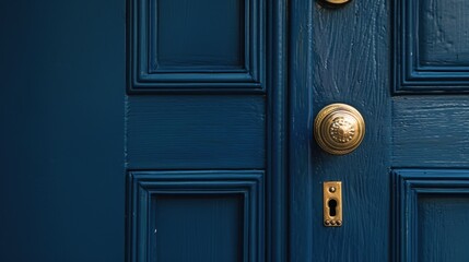 Closeup of a Blue Door with Brass Hardware